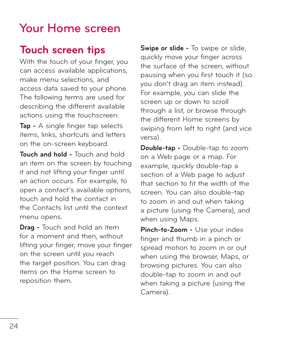 Your home screen, Touch screen tips | LG LGP769BK User Manual | Page 26 / 167