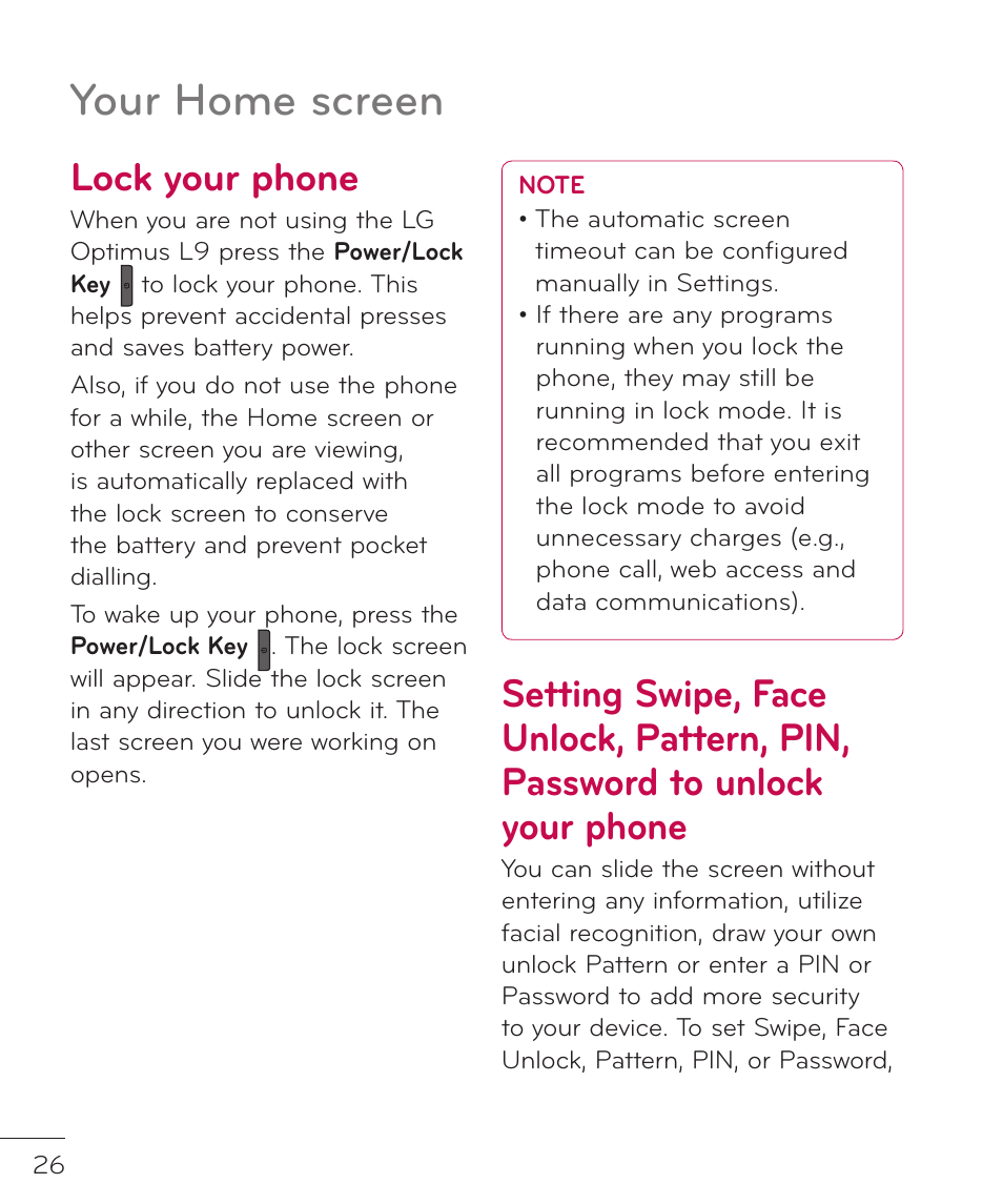 Lock your phone, Your home screen | LG LGP769BK User Manual | Page 28 / 167
