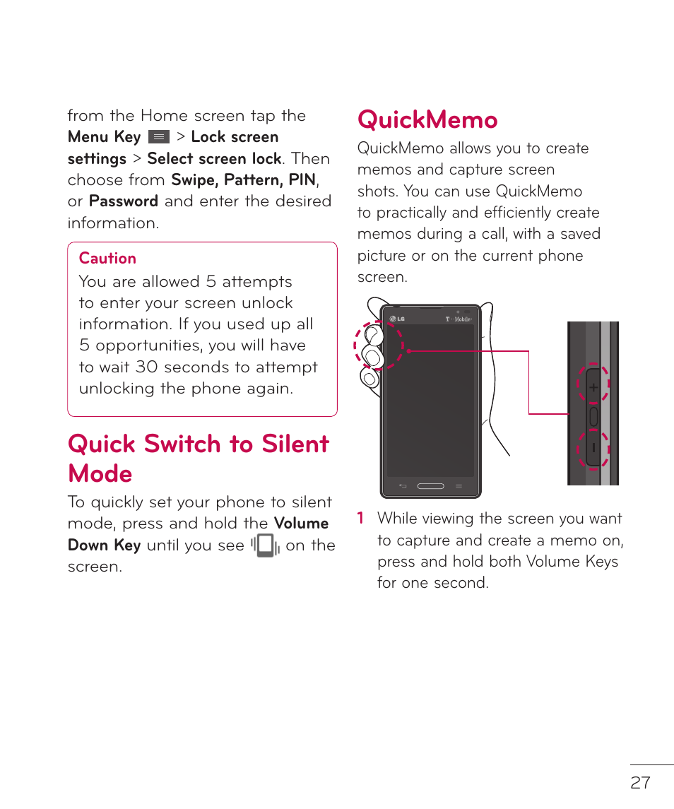 Quick switch to silent mode, Quickmemo, Quick switch to silent mode quickmemo | LG LGP769BK User Manual | Page 29 / 167