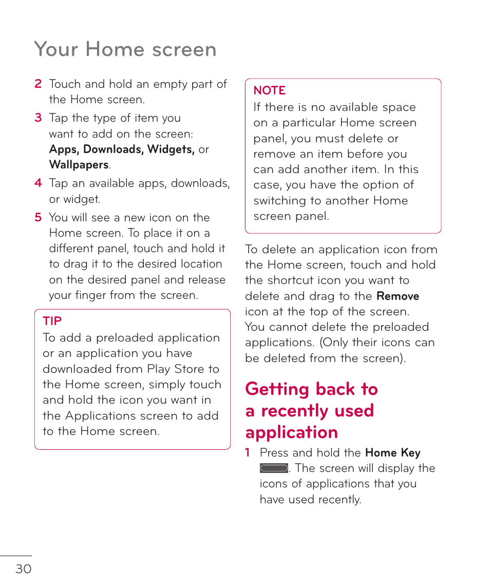Getting back to a recently used application, Your home screen | LG LGP769BK User Manual | Page 32 / 167