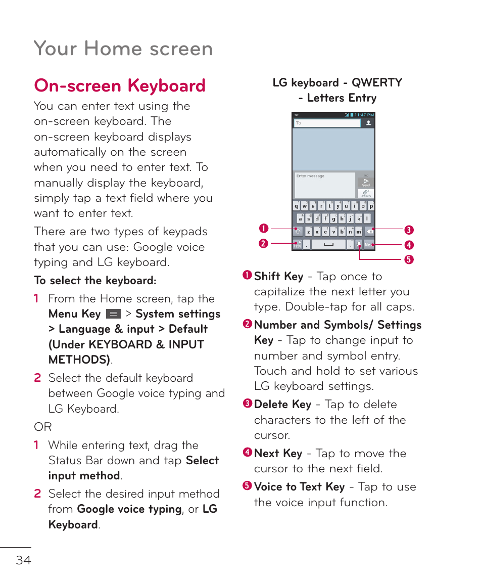 On-screen keyboard, Your home screen | LG LGP769BK User Manual | Page 36 / 167