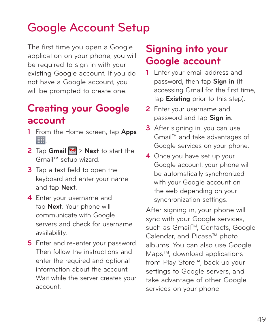 Google account setup, Creating your google account, Signing into your google account | LG LGP769BK User Manual | Page 51 / 167