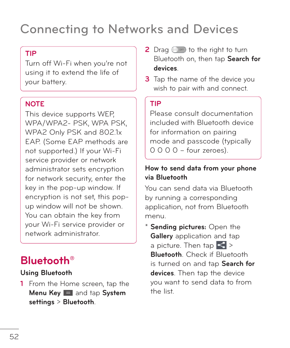 Bluetooth, Connecting to networks and devices | LG LGP769BK User Manual | Page 54 / 167