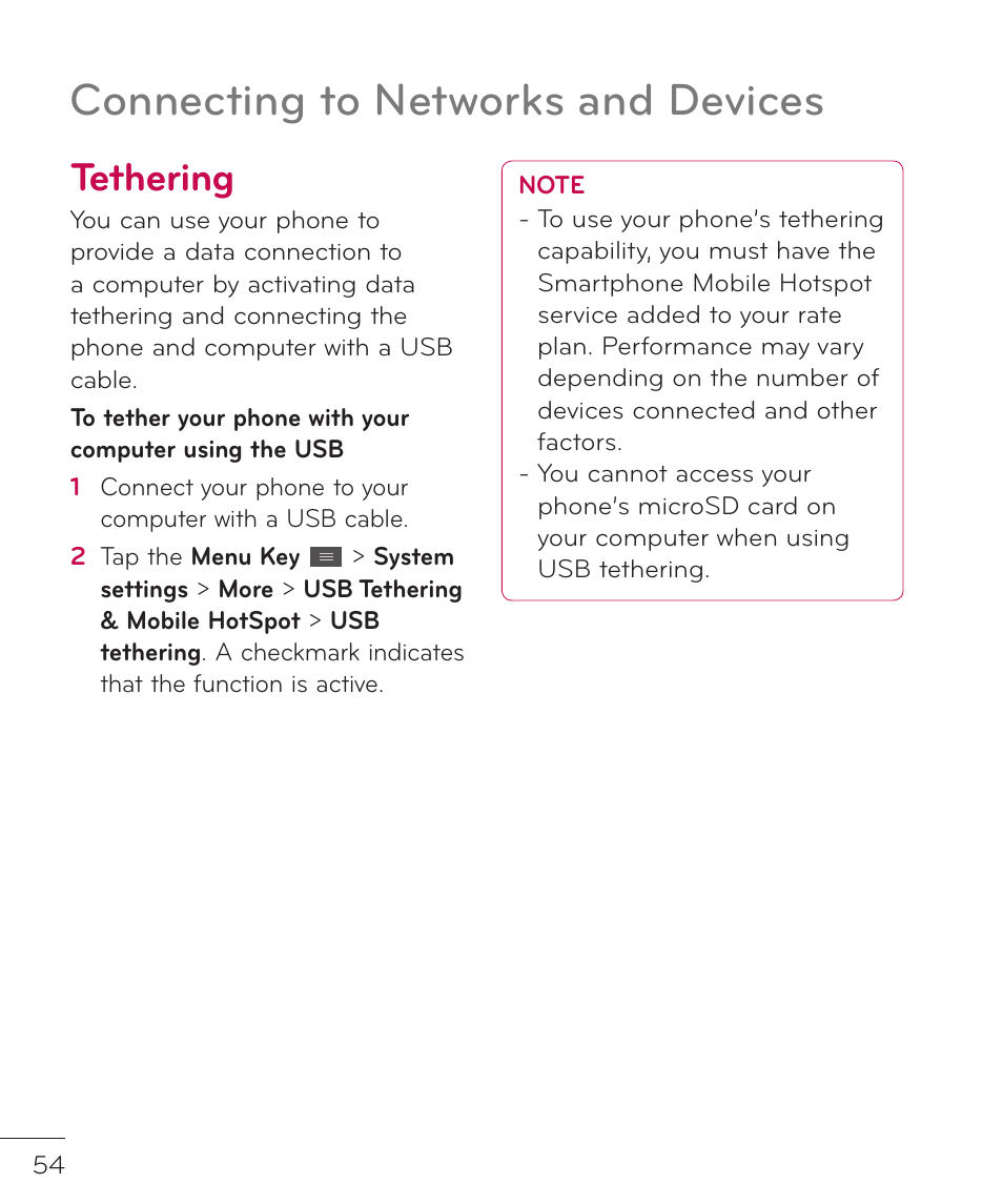 Tethering, Connecting to networks and devices | LG LGP769BK User Manual | Page 56 / 167