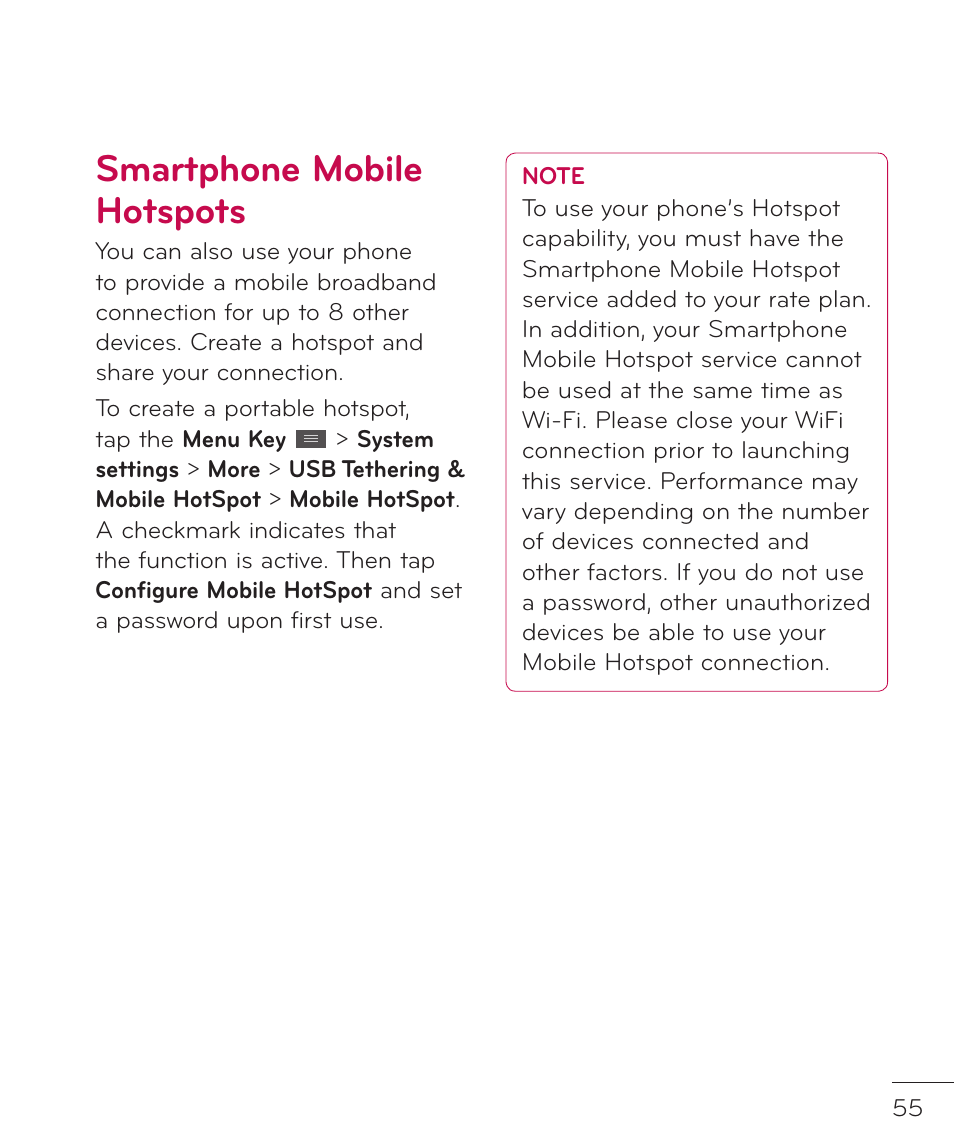 Smartphone mobile hotspots | LG LGP769BK User Manual | Page 57 / 167