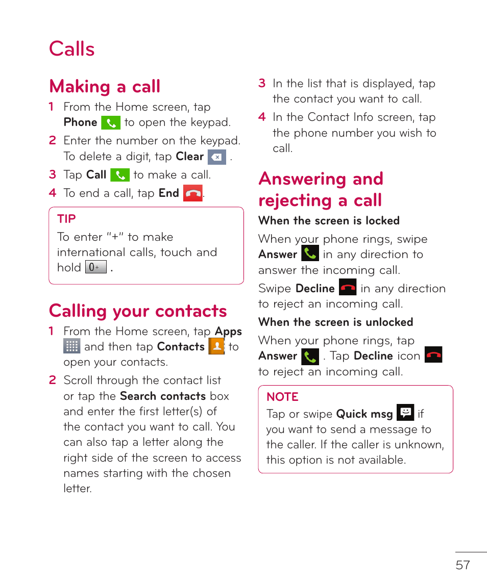 Calls, Making a call, Calling your contacts | Answering and rejecting a call | LG LGP769BK User Manual | Page 59 / 167