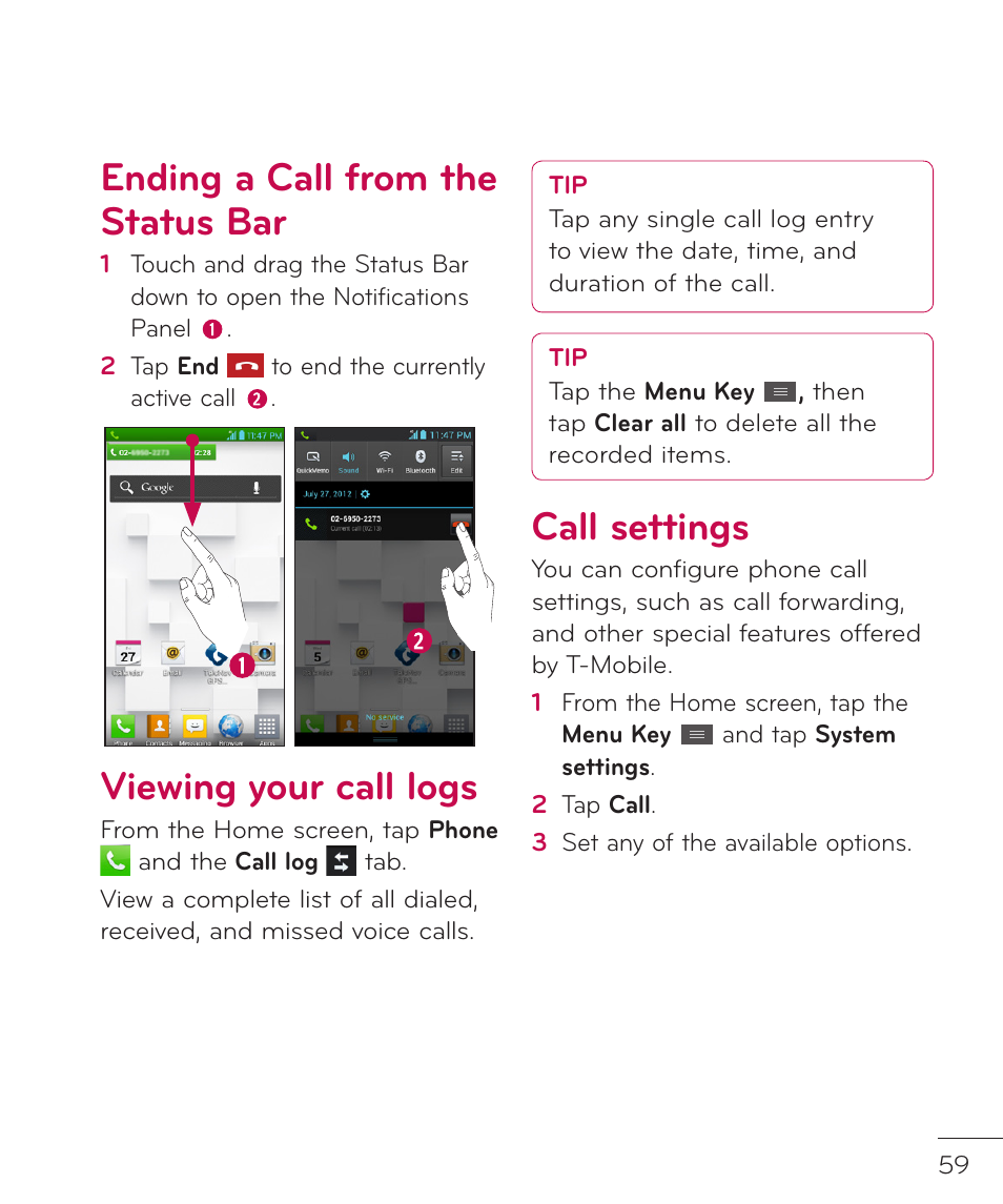 Ending a call from the status bar, Viewing your call logs, Call settings | LG LGP769BK User Manual | Page 61 / 167