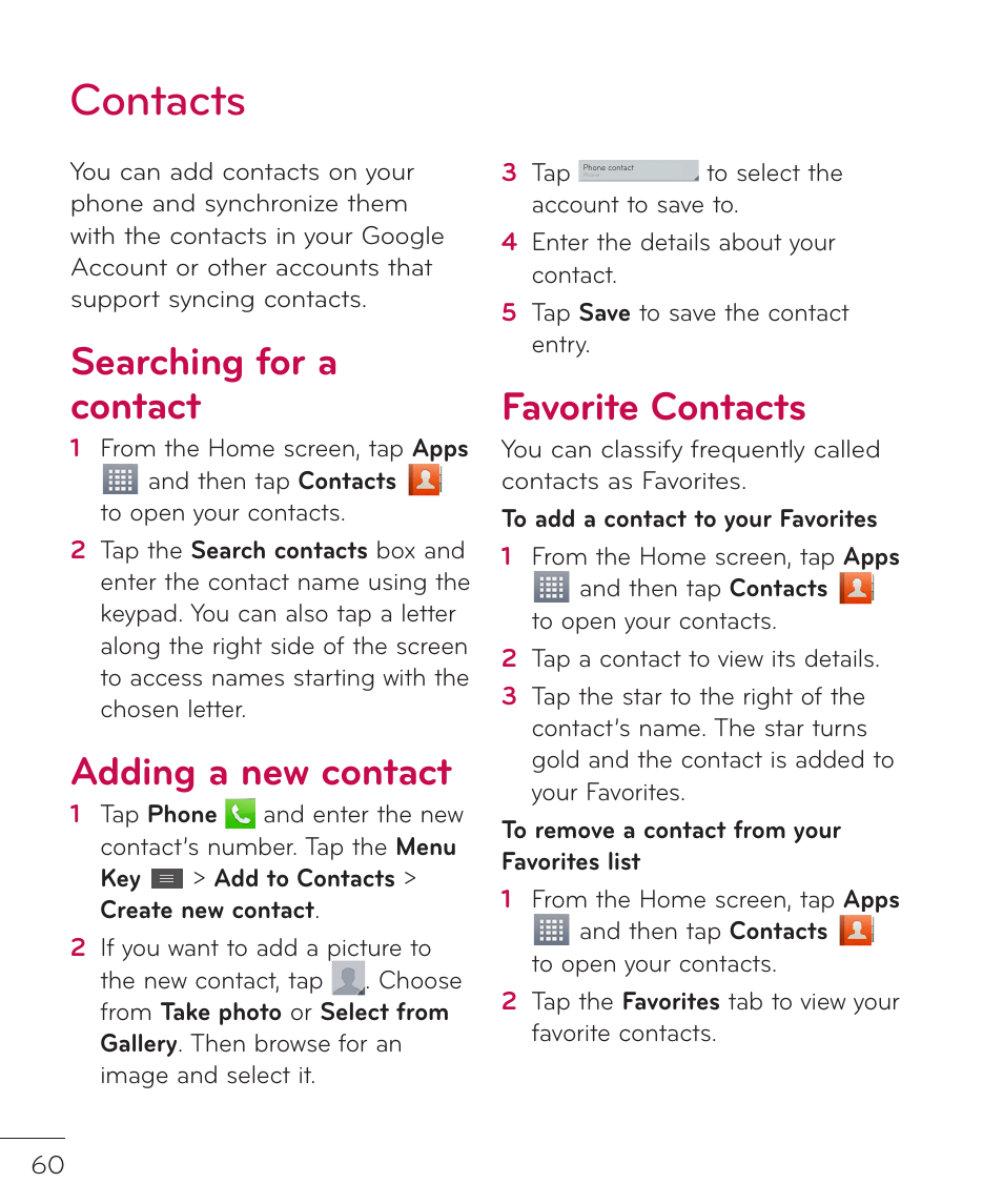 Contacts, Searching for a contact, Adding a new contact | Favorite contacts | LG LGP769BK User Manual | Page 62 / 167