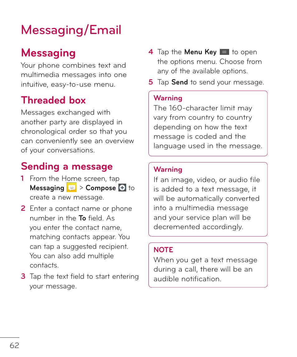 Messaging/email, Messaging, Threaded box | Sending a message | LG LGP769BK User Manual | Page 64 / 167