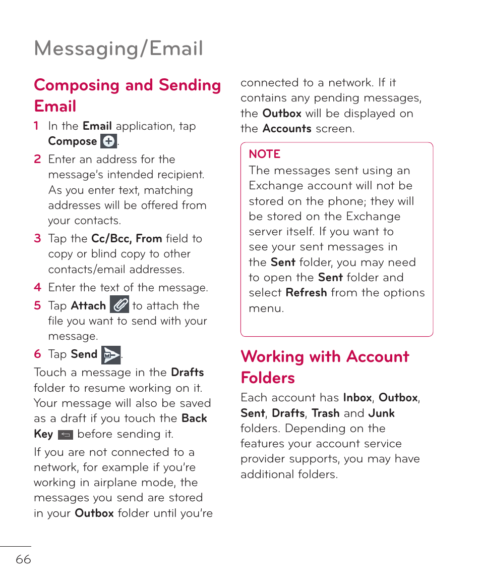 Messaging/email, Composing and sending email, Working with account folders | LG LGP769BK User Manual | Page 68 / 167