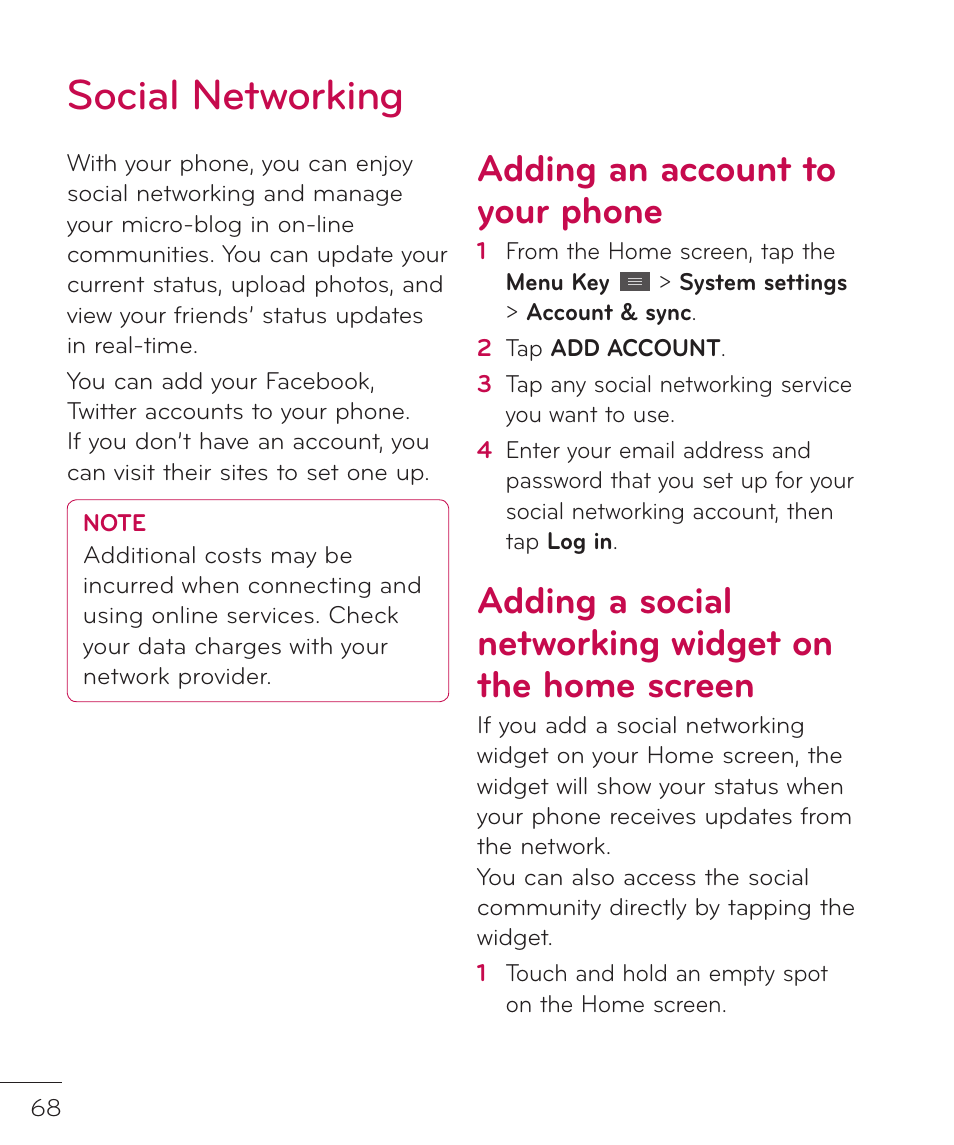 Social networking, Adding an account to your phone | LG LGP769BK User Manual | Page 70 / 167
