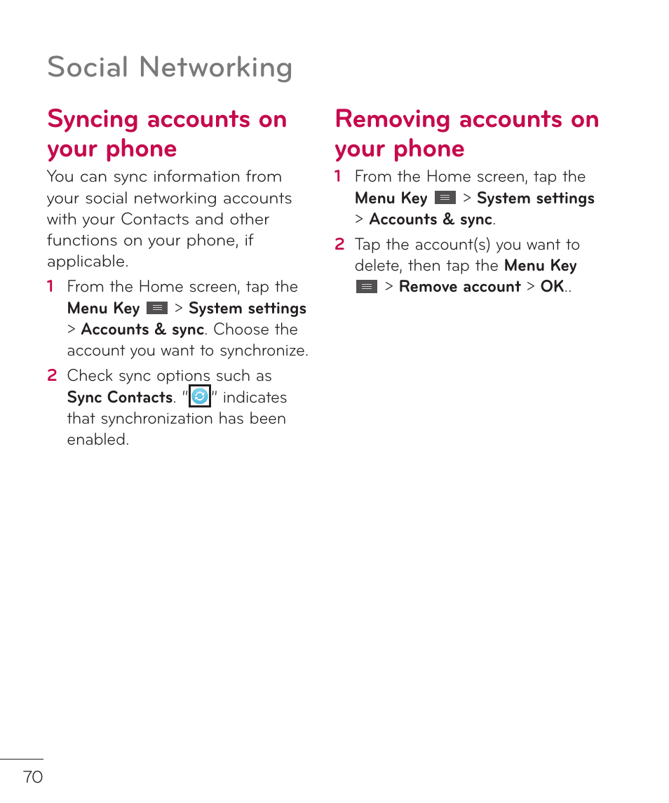 Syncing accounts on your phone, Removing accounts on your phone, Social networking | LG LGP769BK User Manual | Page 72 / 167
