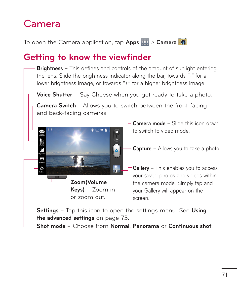 Camera, Getting to know the viewfinder | LG LGP769BK User Manual | Page 73 / 167