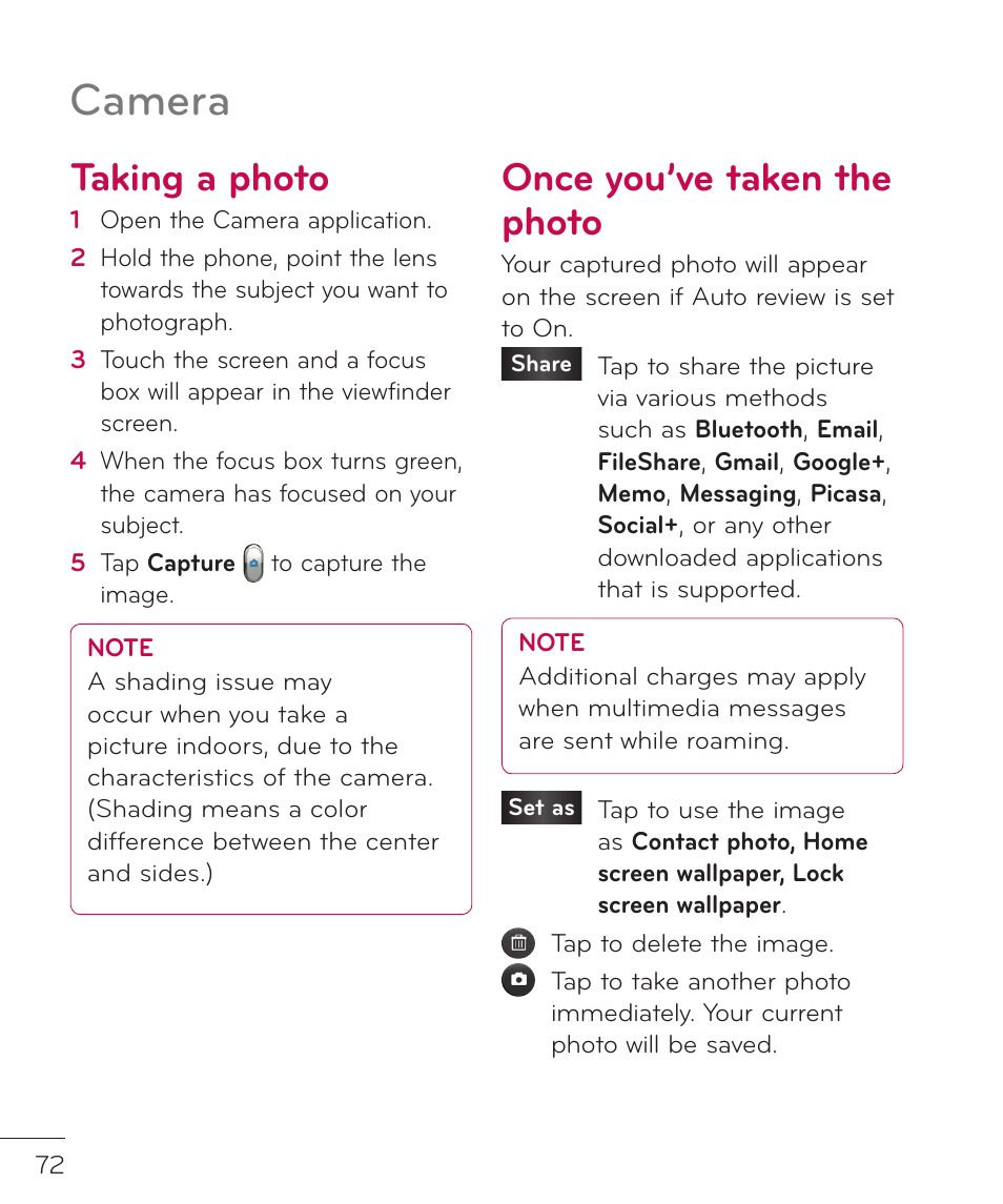Taking a photo, Once you’ve taken the photo, Taking a photo once you’ve taken the photo | Camera | LG LGP769BK User Manual | Page 74 / 167