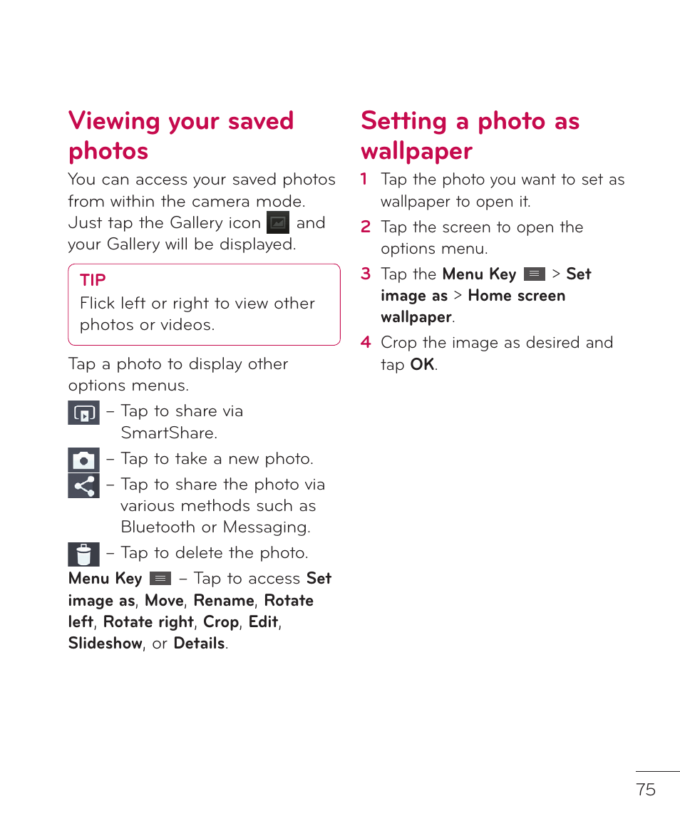 Viewing your saved photos, Setting a photo as wallpaper | LG LGP769BK User Manual | Page 77 / 167