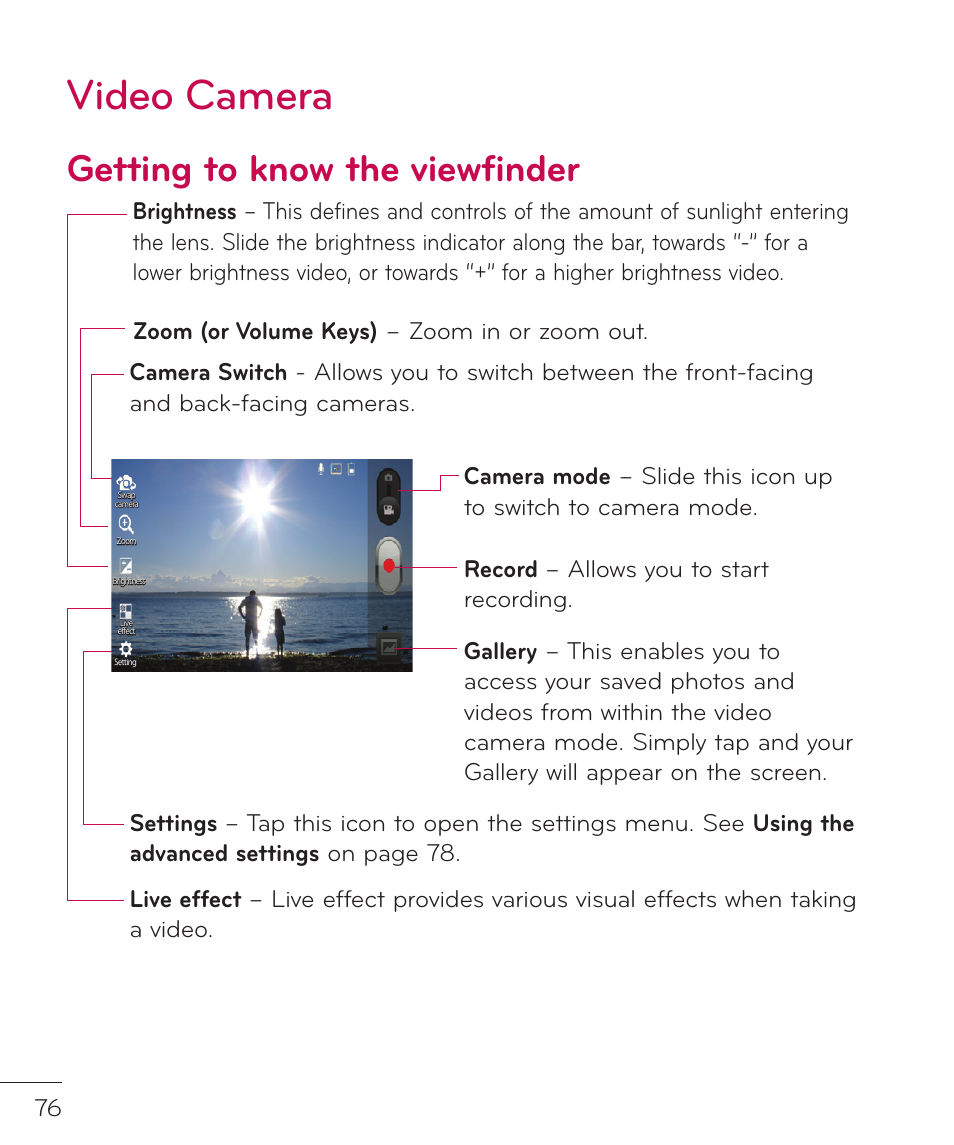 Video camera, Getting to know the viewfinder | LG LGP769BK User Manual | Page 78 / 167