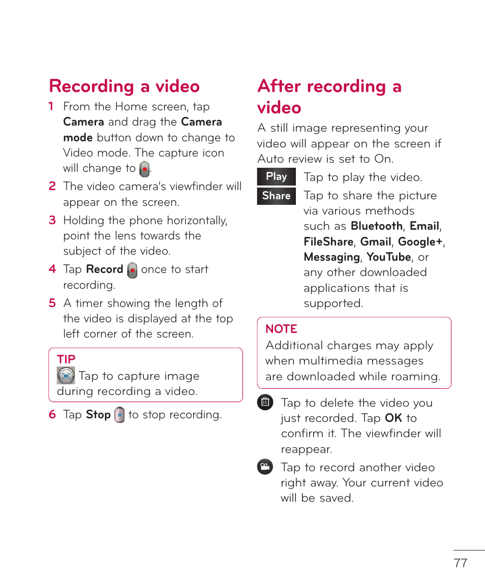 Recording a video, After recording a video | LG LGP769BK User Manual | Page 79 / 167