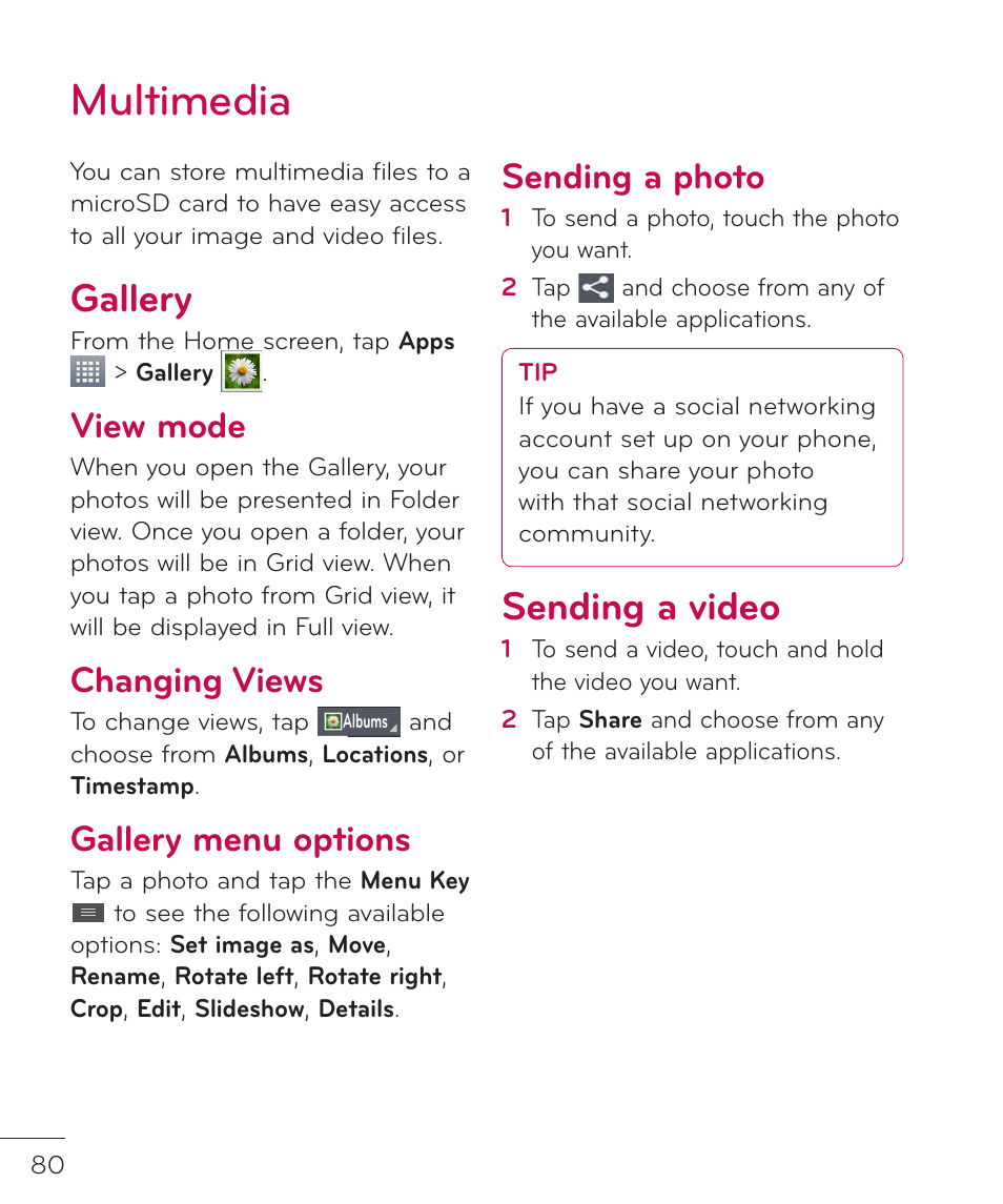 Multimedia, Gallery, Sending a video | Gallery sending a video, View mode, Changing views, Gallery menu options, Sending a photo | LG LGP769BK User Manual | Page 82 / 167