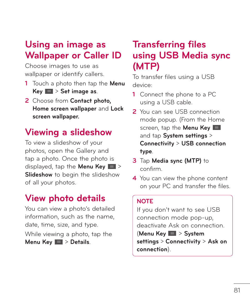 Using an image as wallpaper or caller id, Viewing a slideshow, View photo details | Transferring files using usb media sync (mtp) | LG LGP769BK User Manual | Page 83 / 167