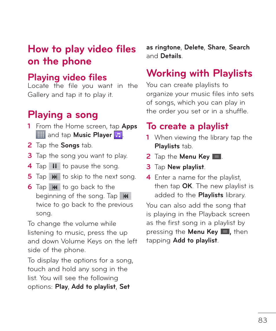 How to play video files on the phone, Playing a song, Working with playlists | Playing video files | LG LGP769BK User Manual | Page 85 / 167