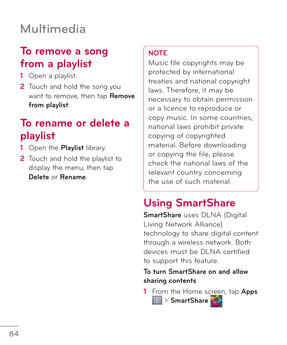 To remove a song from a playlist, To rename or delete a playlist, Using smartshare | Multimedia | LG LGP769BK User Manual | Page 86 / 167