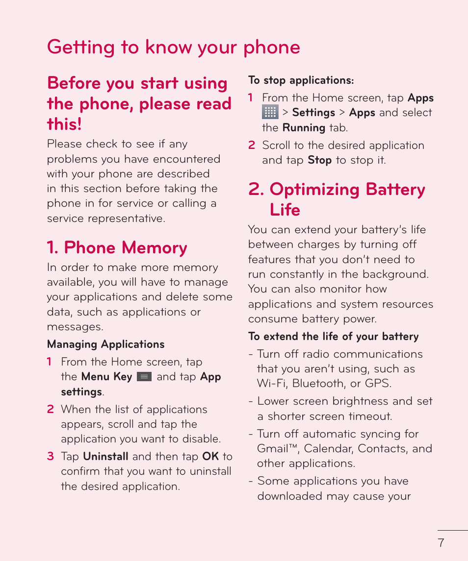 Getting to know your phone, Before you start using the phone, please read this, Optimizing battery life | LG LGP769BK User Manual | Page 9 / 167