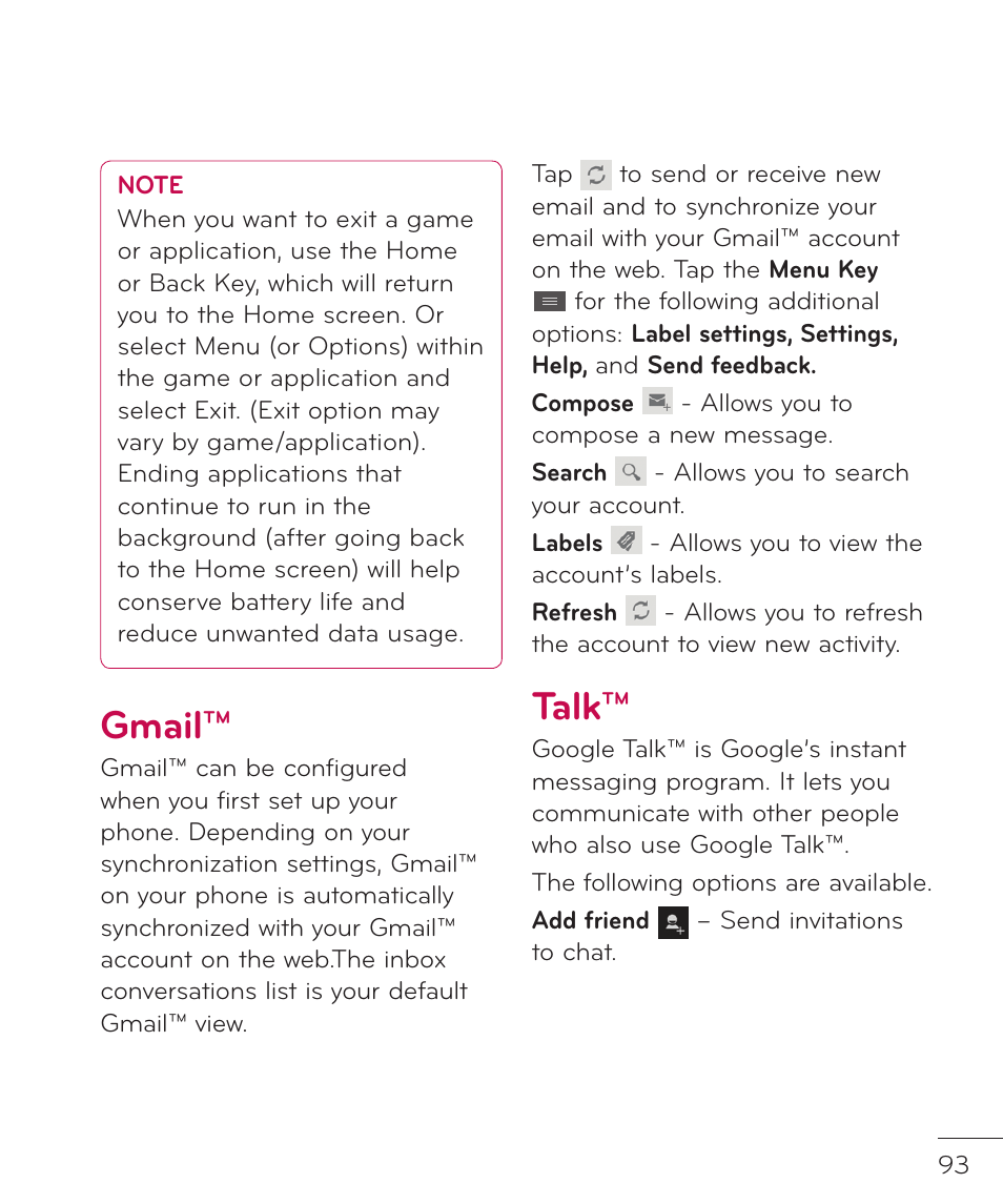 Gmail, Talk, Gmail™ talk | LG LGP769BK User Manual | Page 95 / 167