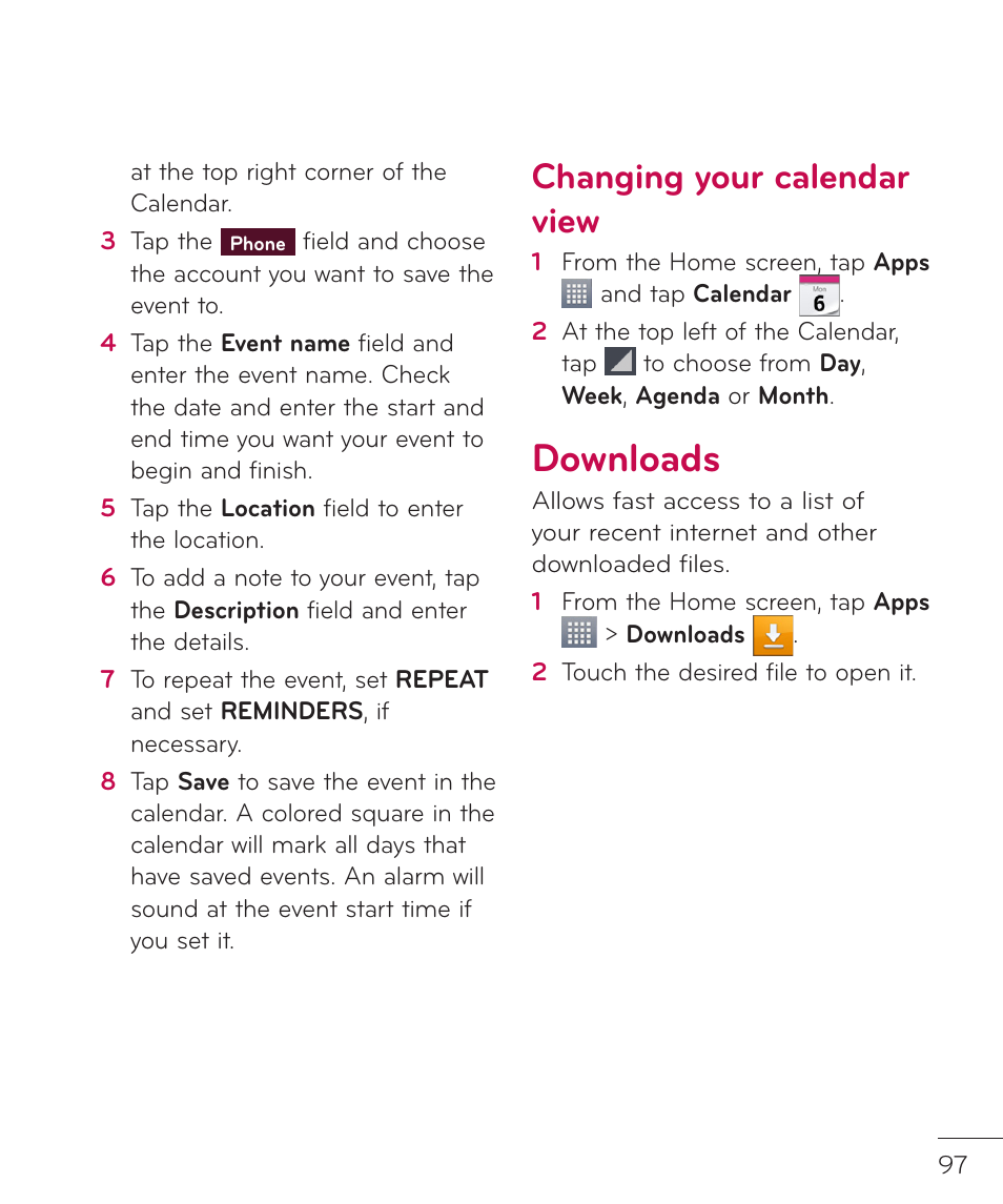 Downloads, Changing your calendar view | LG LGP769BK User Manual | Page 99 / 167