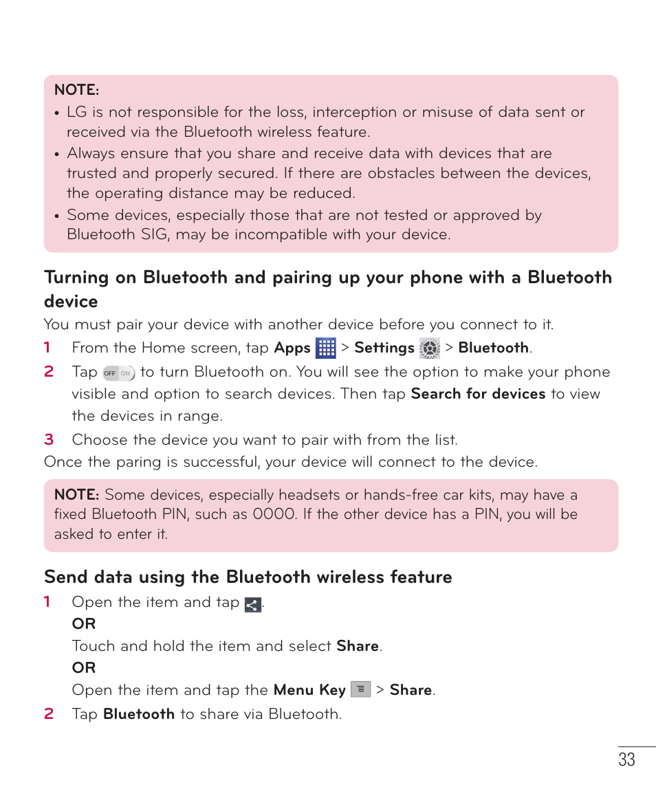 Send data using the bluetooth wireless feature | LG D520 User Manual | Page 35 / 139