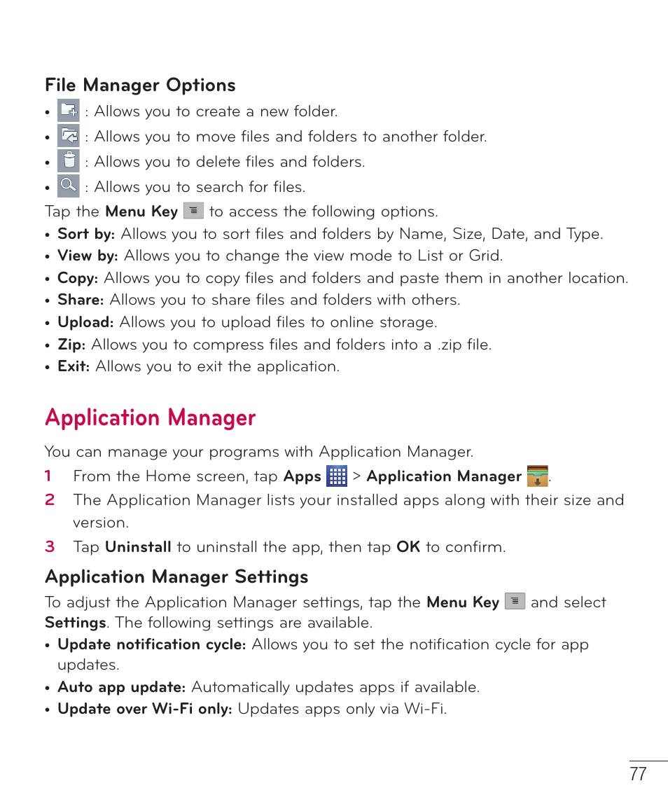 Application manager, File manager options, Application manager settings | LG D520 User Manual | Page 79 / 139
