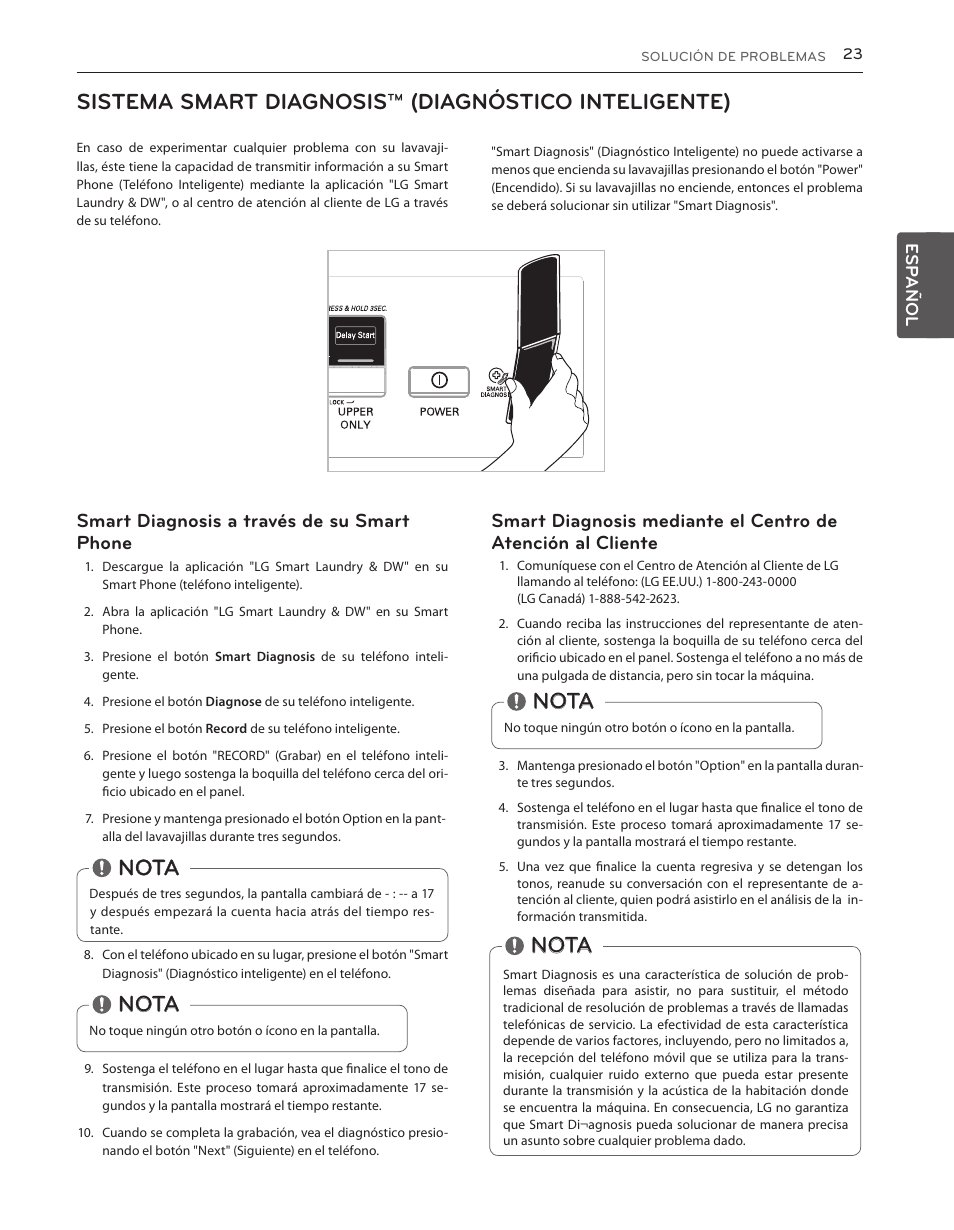 Nota, Sistema smart diagnosis™ (diagnóstico inteligente), Smart diagnosis a través de su smart phone | LG LDS5040BB User Manual | Page 49 / 80