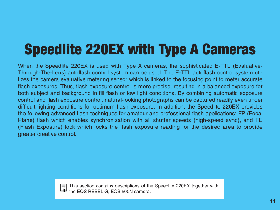 Speedlite 220ex with type a cameras, Speedlite 220ex with, Type a cameras | Canon 220 EX User Manual | Page 11 / 44