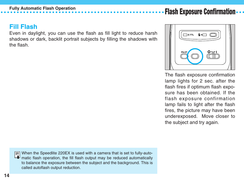 Fill flash, Flash exposure confirmation | Canon 220 EX User Manual | Page 14 / 44