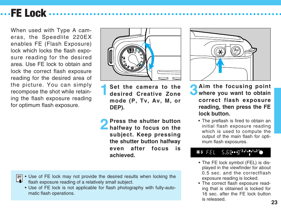 Fe lock | Canon 220 EX User Manual | Page 23 / 44