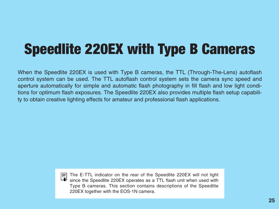 Speedlite 220ex with type b cameras, Speedlite 220ex with, Type b cameras | Canon 220 EX User Manual | Page 25 / 44