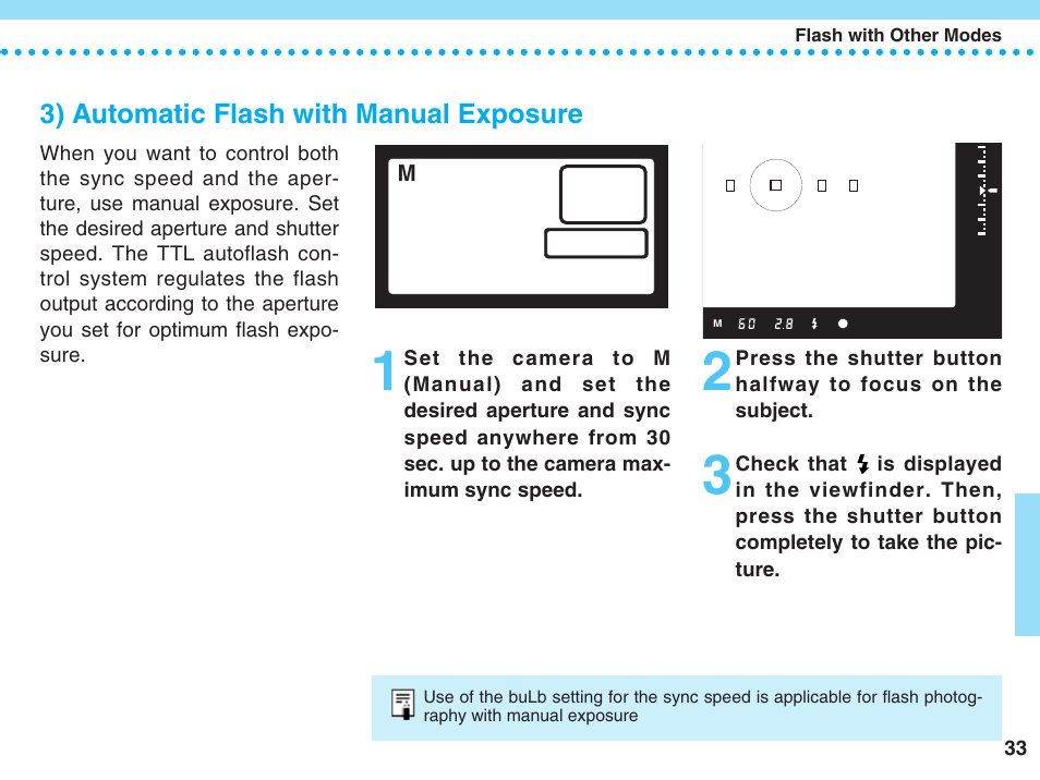 3) automatic flash with manual exposure | Canon 220 EX User Manual | Page 33 / 44