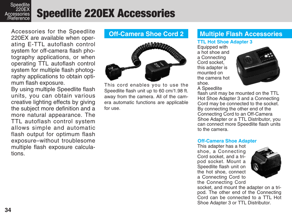 Speedlite 220ex accessories/reference, Speedlite 220ex accessories, Reference | Speedlite 220ex accessories/ reference | Canon 220 EX User Manual | Page 34 / 44