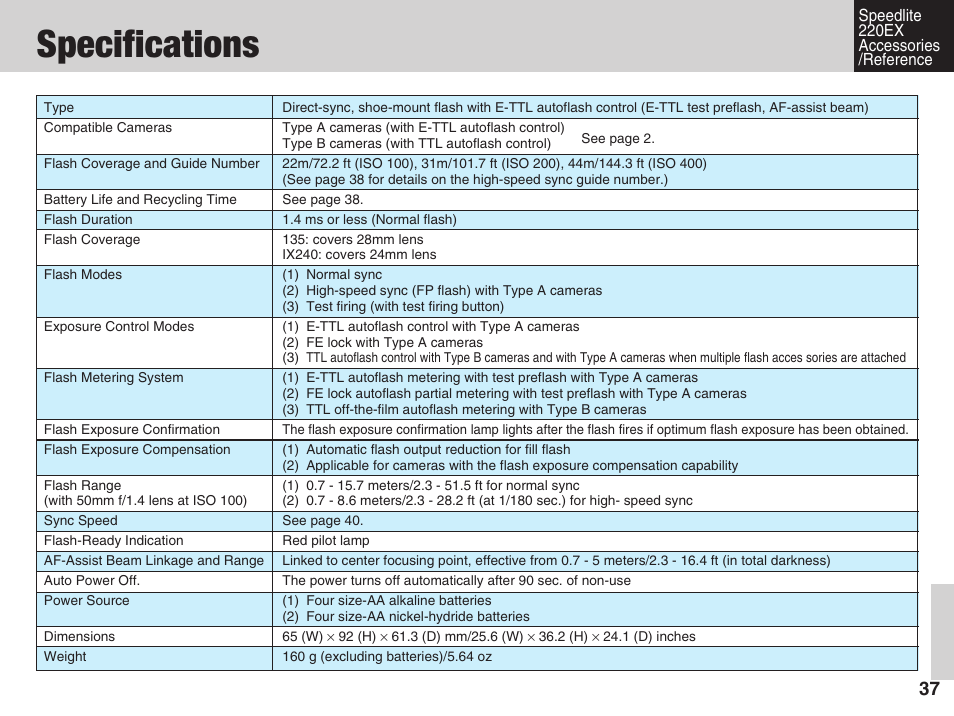 Specifications | Canon 220 EX User Manual | Page 37 / 44
