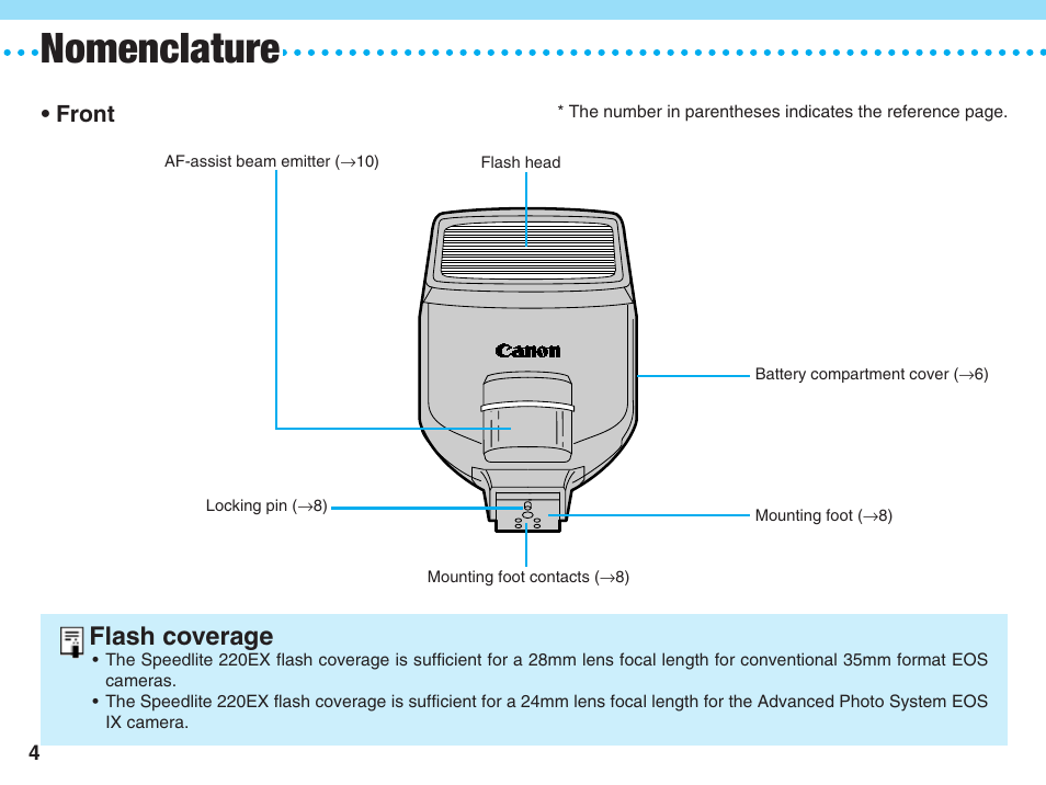 Nomenclature, Flash coverage, Front | Canon 220 EX User Manual | Page 4 / 44