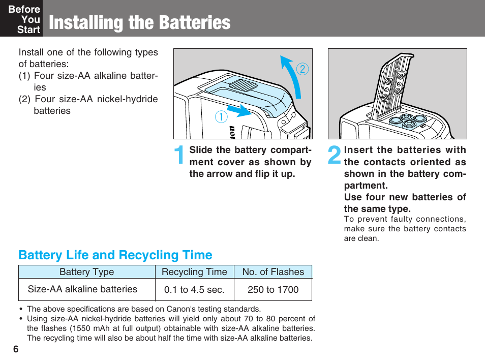 Before you start, Installing the batteries, Before you | Start | Canon 220 EX User Manual | Page 6 / 44