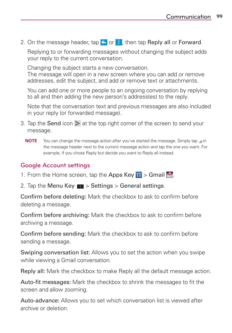 Communication, Google account settings | LG LGVS870 User Manual | Page 101 / 223