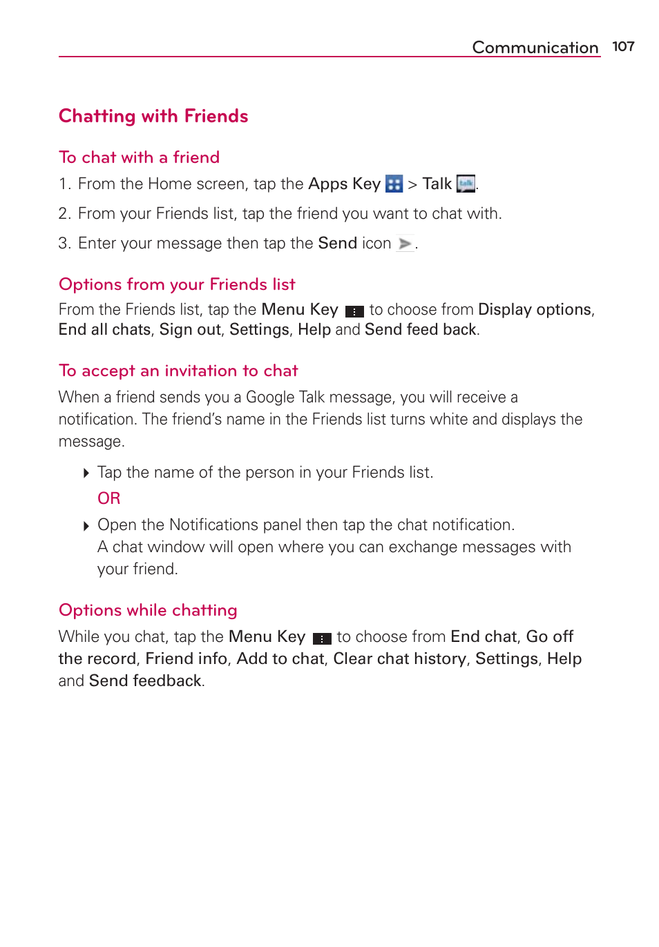 Chatting with friends | LG LGVS870 User Manual | Page 109 / 223
