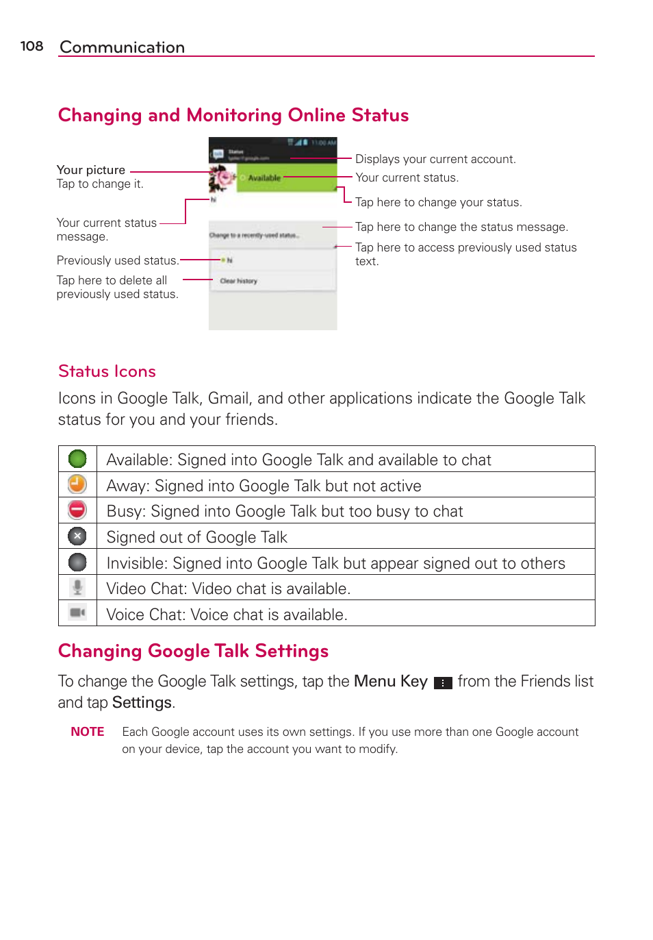 Changing and monitoring online status, Changing google talk settings, Communication | Status icons | LG LGVS870 User Manual | Page 110 / 223
