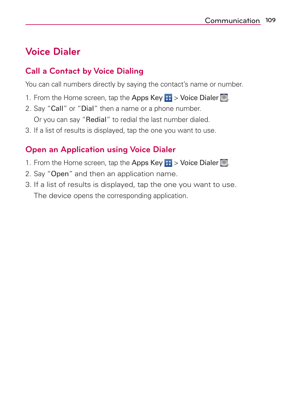 Voice dialer, Call a contact by voice dialing, Open an application using voice dialer | LG LGVS870 User Manual | Page 111 / 223