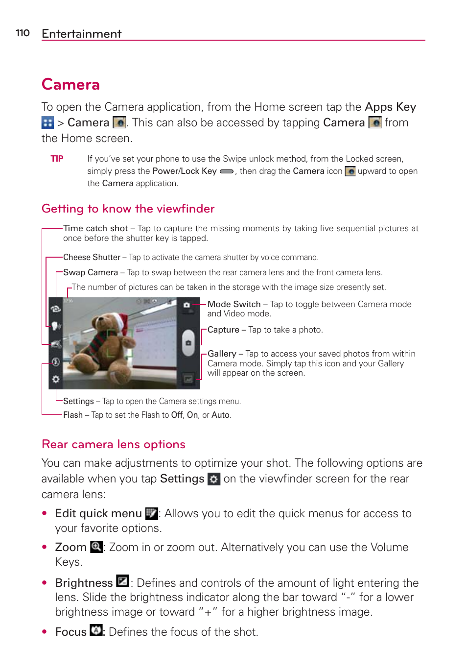 Entertainment, Camera, Getting to know the viewﬁnder | Rear camera lens options | LG LGVS870 User Manual | Page 112 / 223