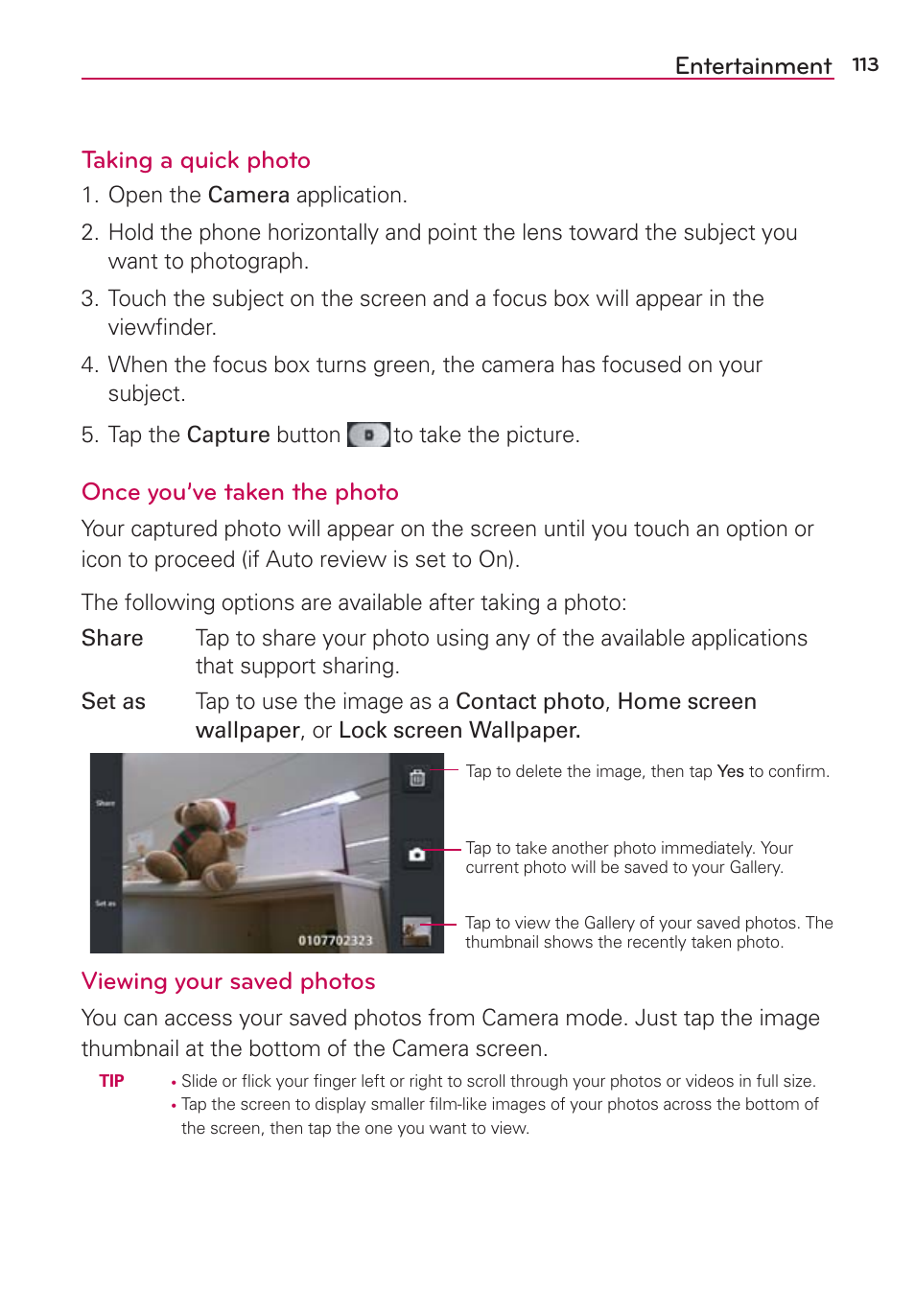 Entertainment taking a quick photo, Once you’ve taken the photo, Viewing your saved photos | LG LGVS870 User Manual | Page 115 / 223