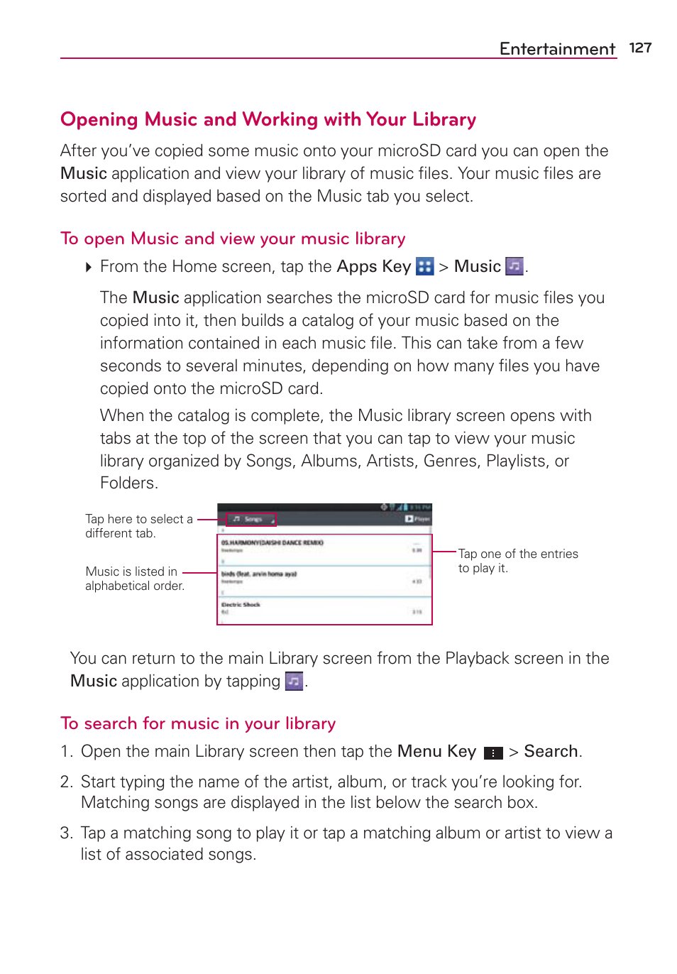 Opening music and working with your library | LG LGVS870 User Manual | Page 129 / 223