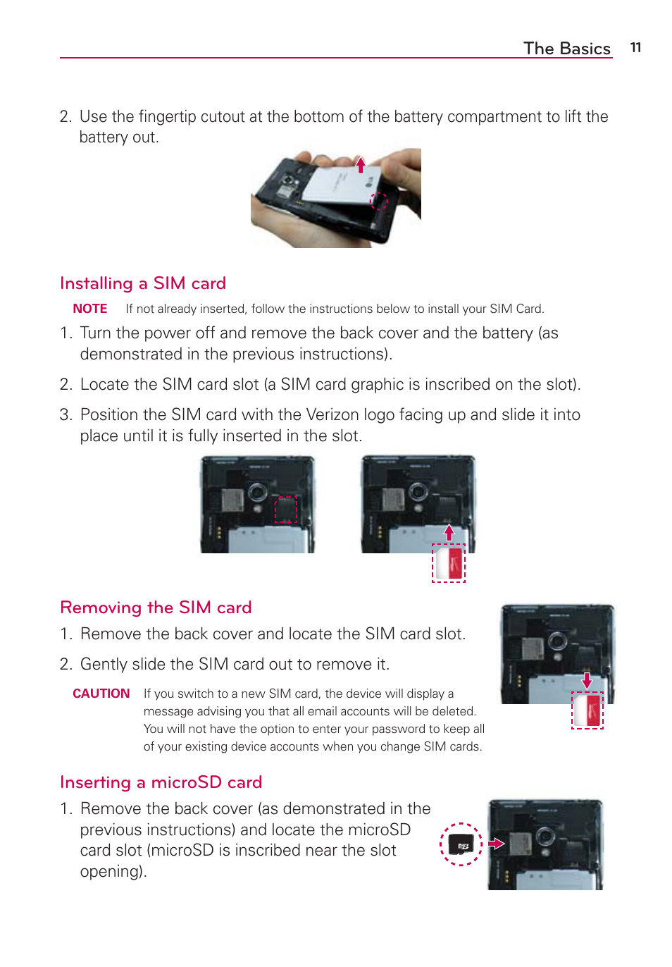 The basics, Installing a sim card, Removing the sim card | Inserting a microsd card | LG LGVS870 User Manual | Page 13 / 223