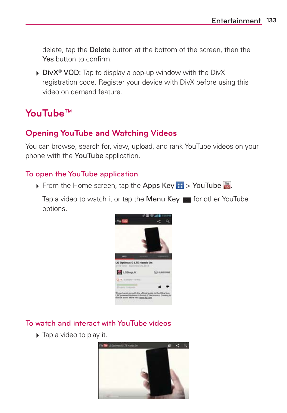 Youtube, Opening youtube and watching videos | LG LGVS870 User Manual | Page 135 / 223