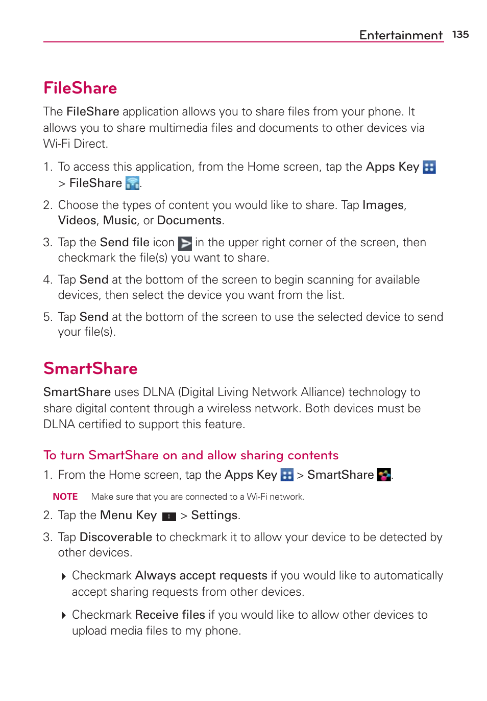 Fileshare, Smartshare, Fileshare smartshare | LG LGVS870 User Manual | Page 137 / 223